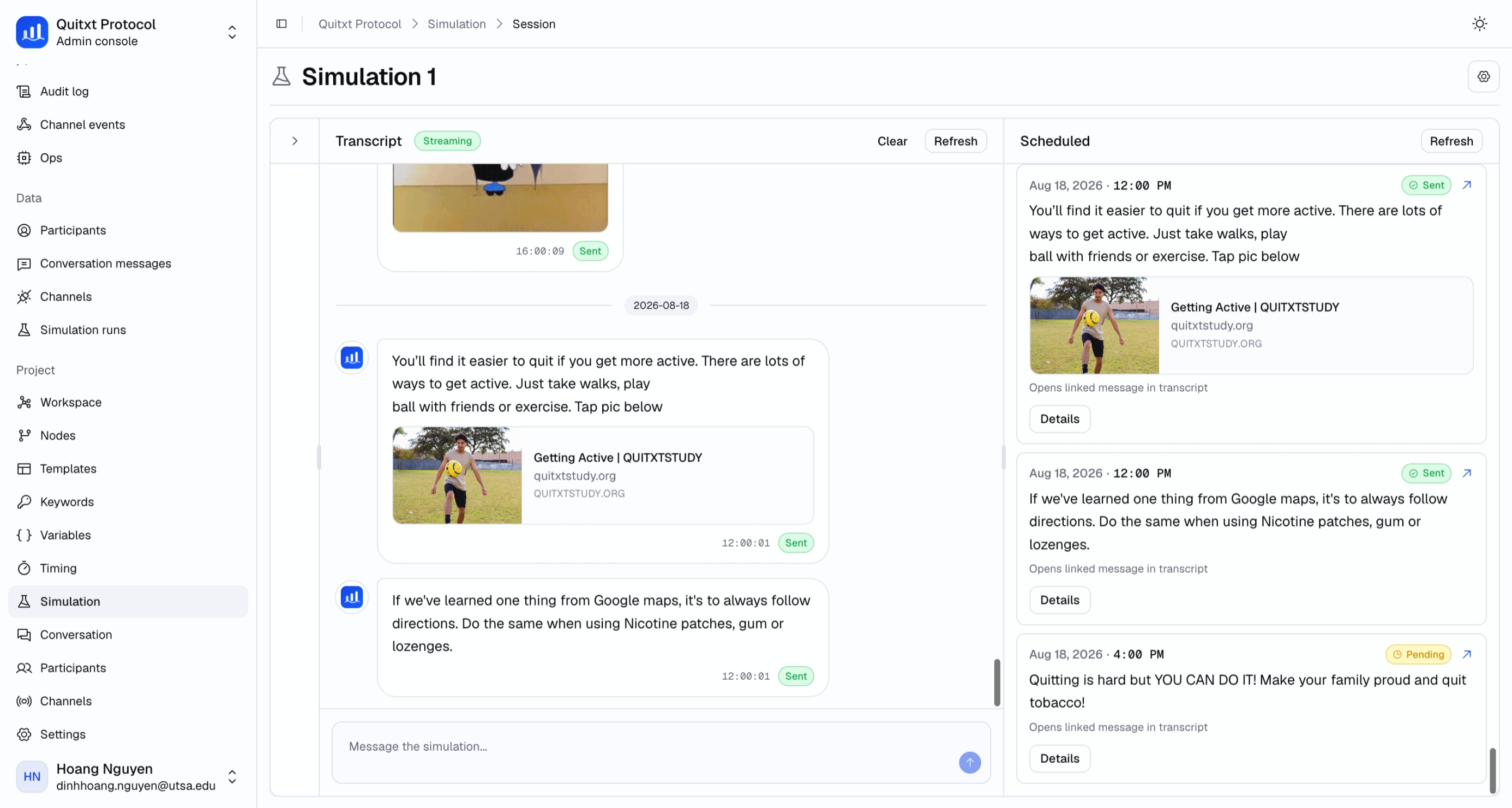 Dash Messaging simulation session with transcript messages and scheduled delivery cards