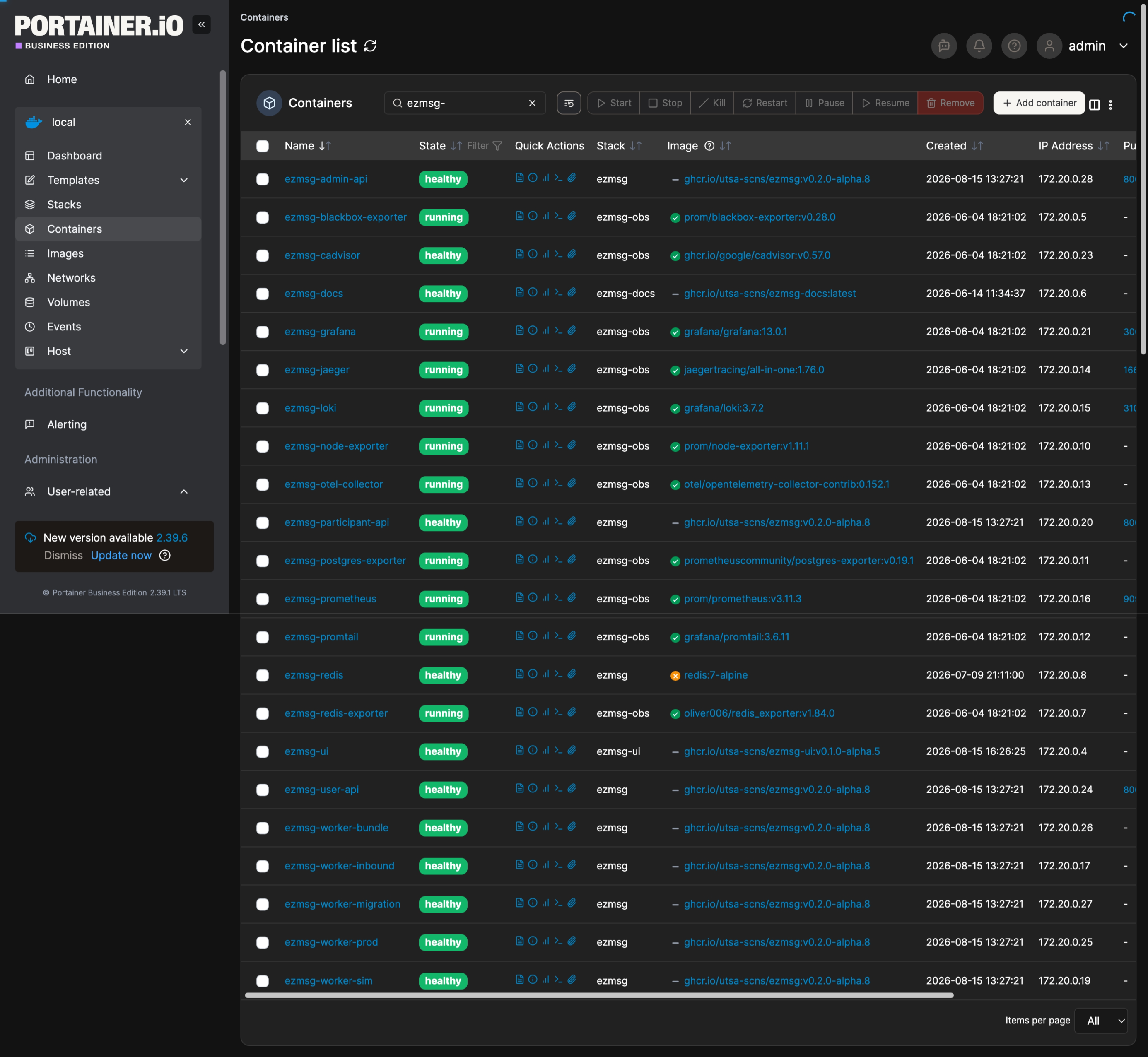 Portainer container list showing the ezmsg, ezmsg-ui, and ezmsg-obs stacks running on the self-hosted server