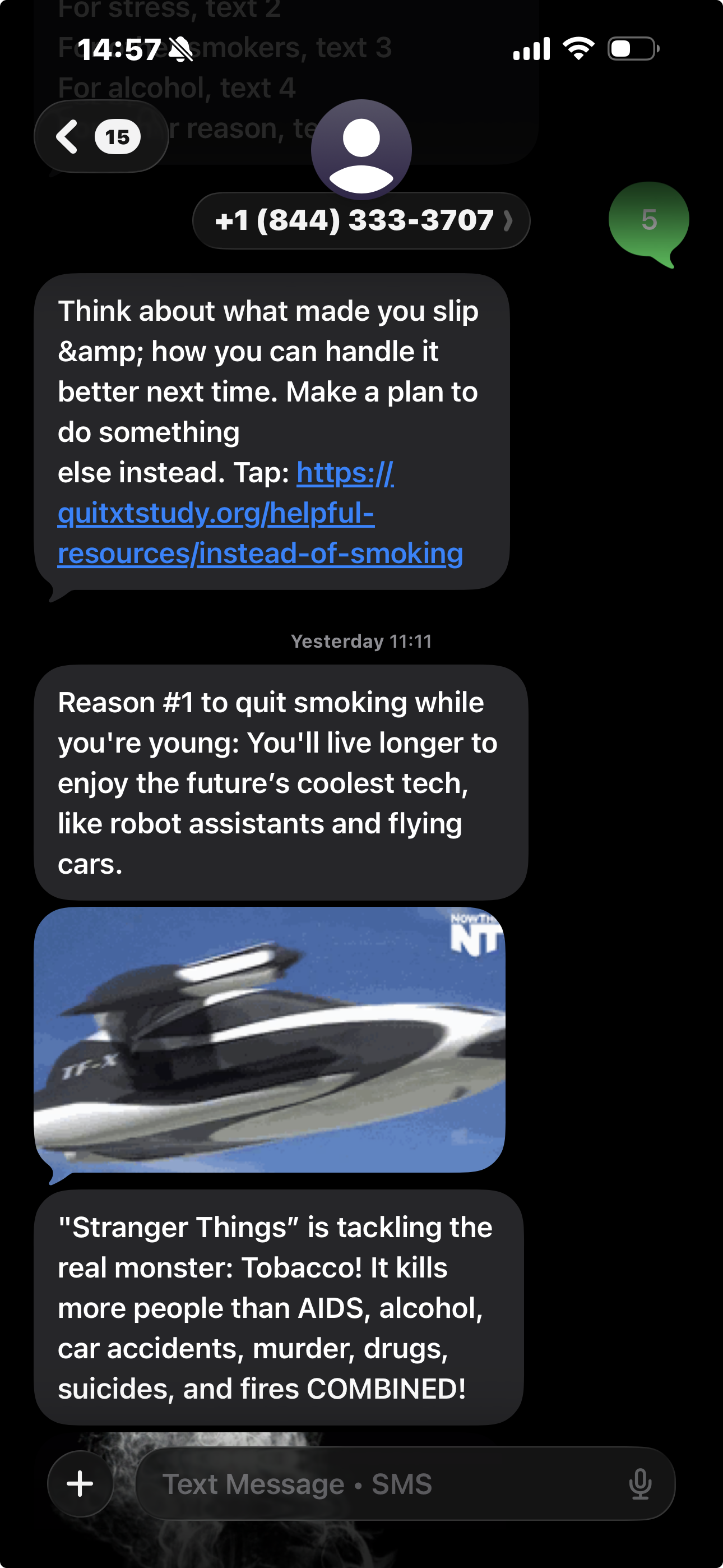 SMS and MMS conversation showing text messages, an image, and a linked resource